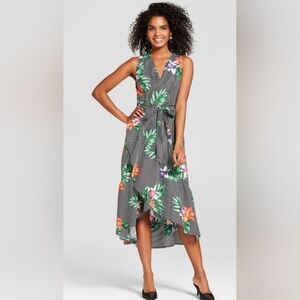 Floral Black and White Striped Dress